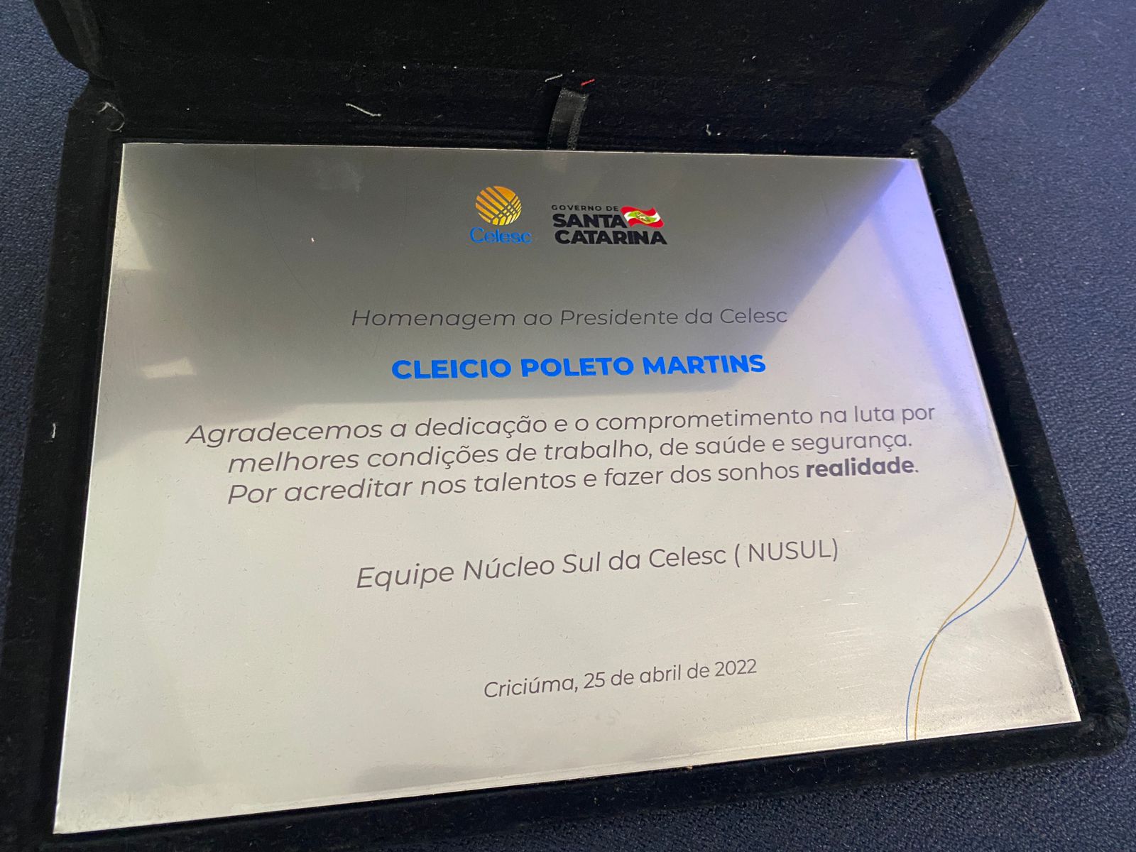 Placa do Nusul ao presidente da Celesc