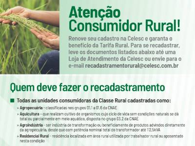 Celesc alerta produtores catarinenses para Recadastramento Rural